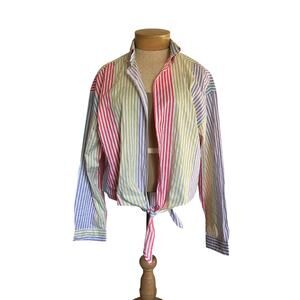 Womens 1X Multicolor‎ Striped Button Up Long Sleeve Shirt Rouge Collection 70s